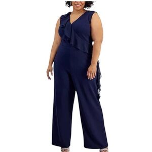 Connected Apparel Navy Wide Leg Cascade Ruffle Womens Jumpsuit Size 24W NEW